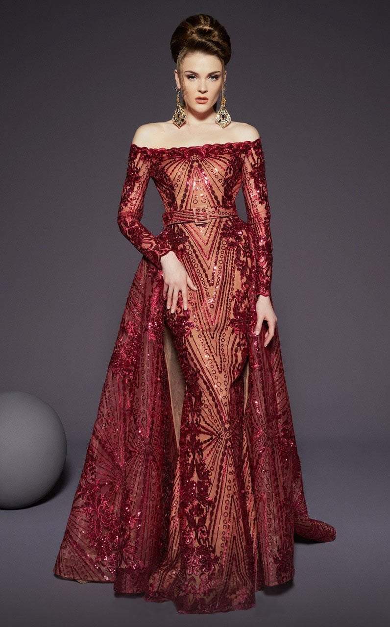 MNM Couture - 2440 Sequined Scalloped Off-Shoulder Gown With Overskirt In Red