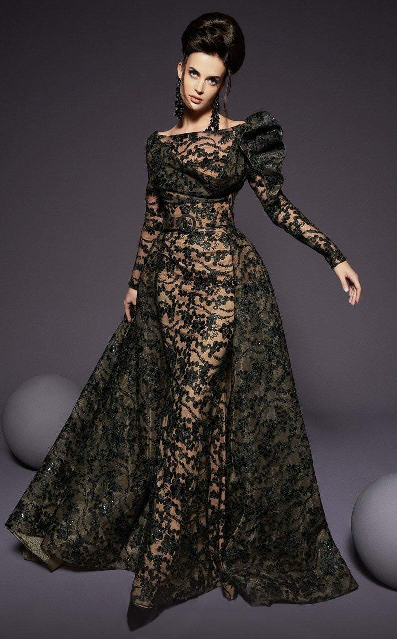 MNM Couture - 2441 Embellished Illusion Bateau Dress With Overskirt In Black