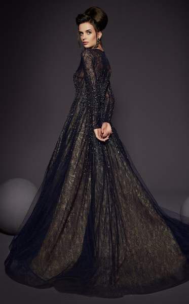 MNM COUTURE - 2449 Embellished Lace Long Sleeve Ballgown In Black