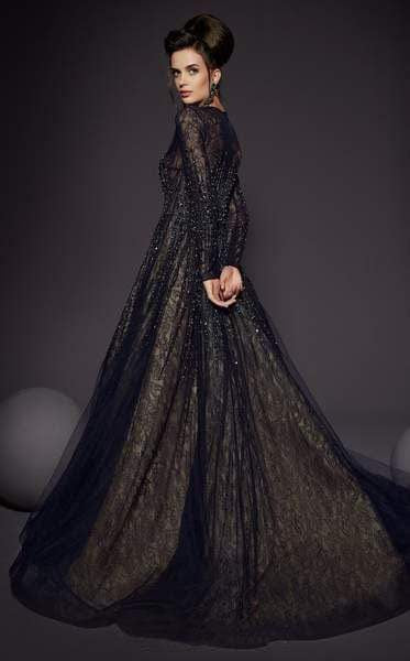 MNM COUTURE - 2449A Sequin Stripe Illusion Long Sleeve A-Line Gown Evening Dresses