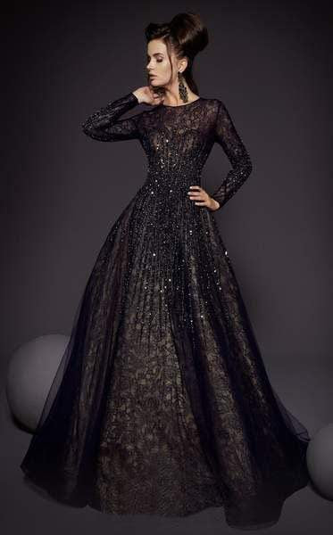 MNM COUTURE - 2449A Sequin Stripe Illusion Long Sleeve A-Line Gown Evening Dresses