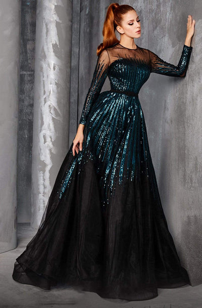 MNM COUTURE - 2449A Sequin Stripe Illusion Long Sleeve A-Line Gown Evening Dresses