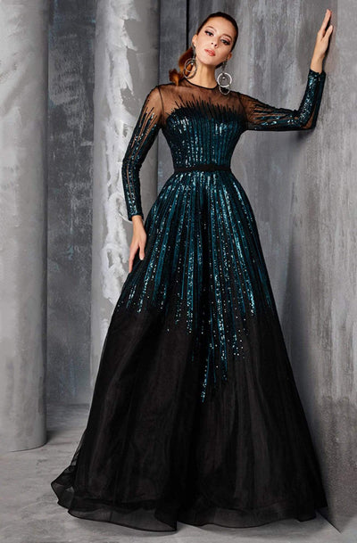 MNM COUTURE - 2449A Sequin Stripe Illusion Long Sleeve A-Line Gown Evening Dresses 4 / Teal