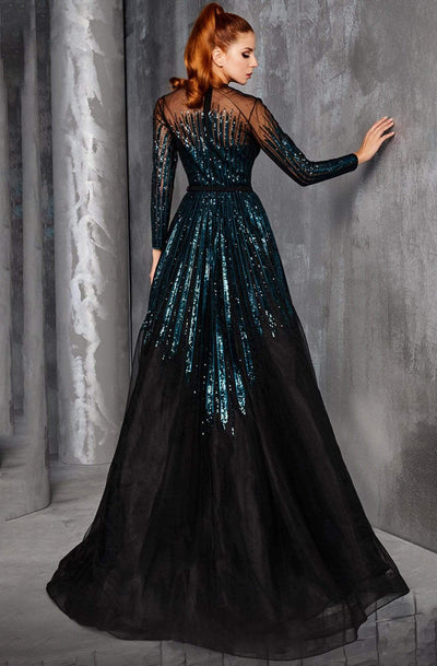 MNM COUTURE - 2449A Sequin Stripe Illusion Long Sleeve A-Line Gown Evening Dresses