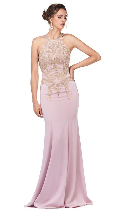 Dancing Queen - 2457 Gold Applique Halter Trumpet Prom Dress In Pink