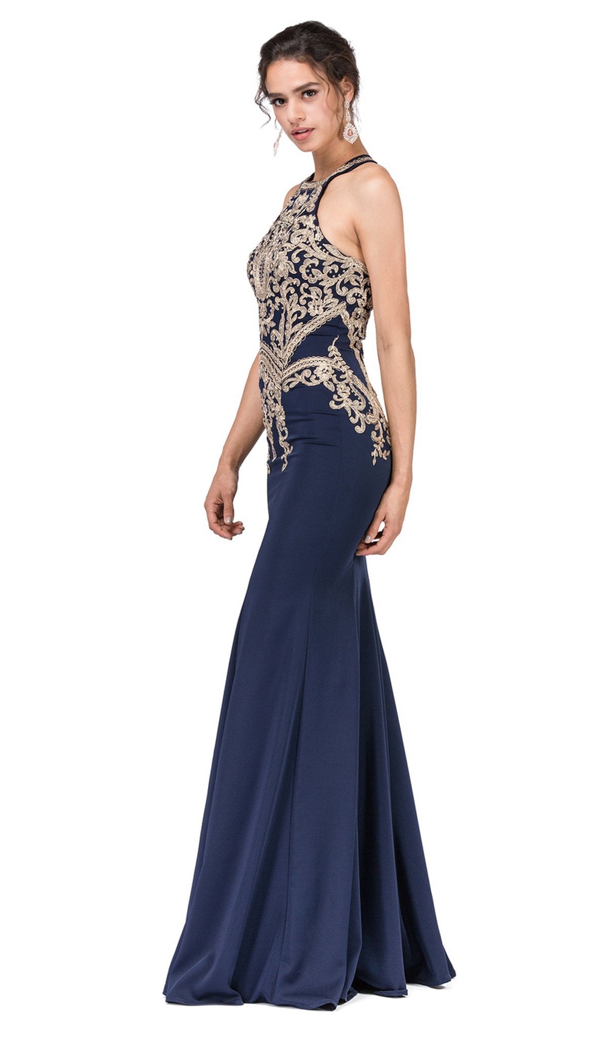 Dancing Queen - 2457 Gold Applique Halter Trumpet Prom Dress In Blue