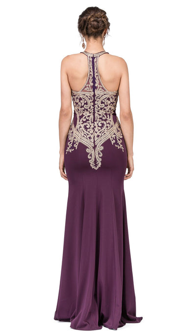 Dancing Queen - 2457 Gold Applique Halter Trumpet Prom Dress In Purple