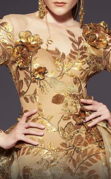 MNM COUTURE - 2463 Floral Embroidered Illusion Jewel Gown In Gold