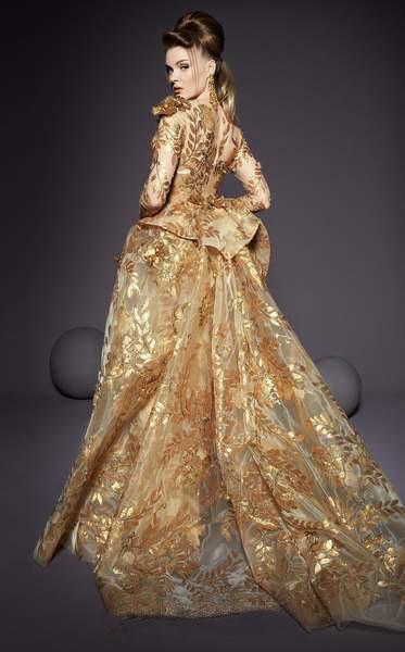 MNM COUTURE - 2463 Floral Embroidered Illusion Jewel Gown In Gold