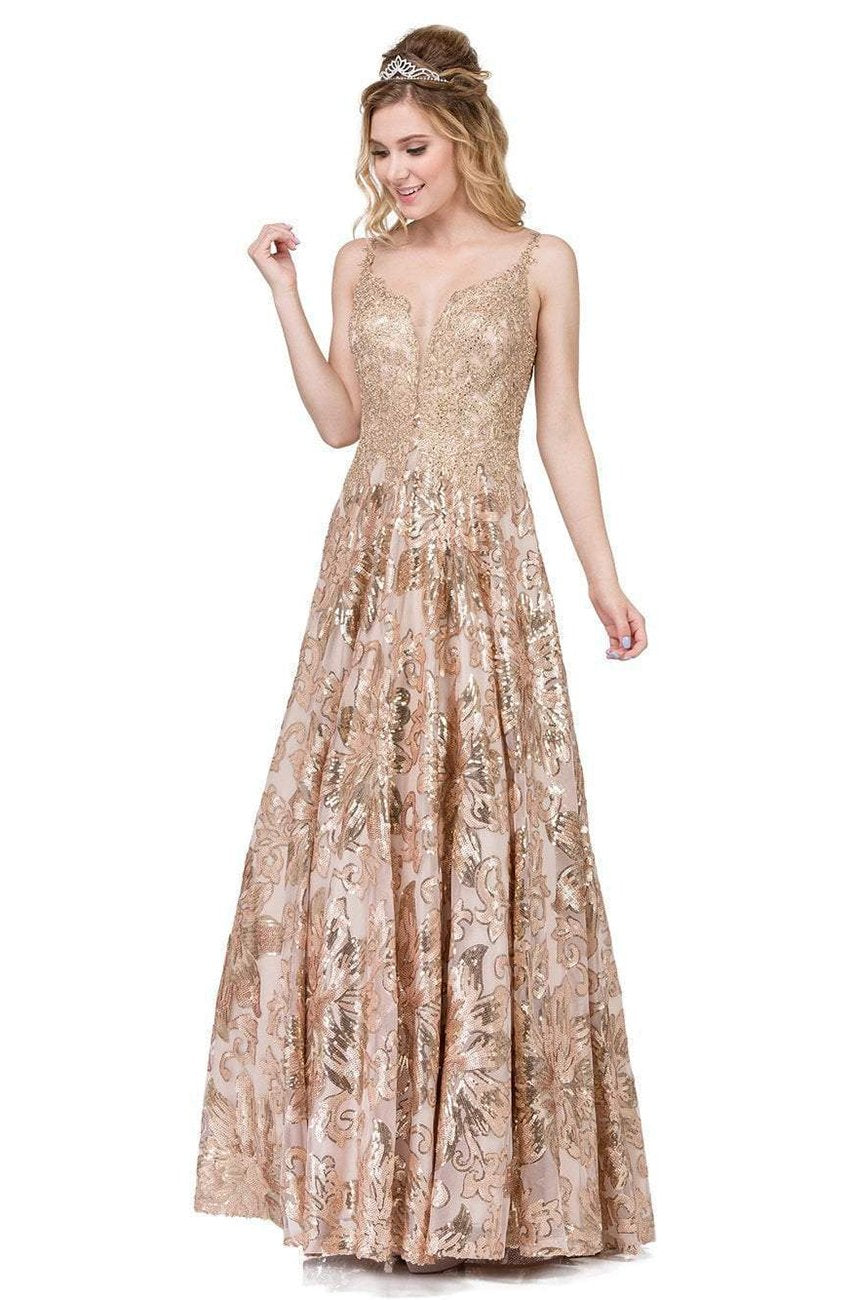 Dancing Queen - Appliqued Metallic Floral Prom Gown 2466 In Gold