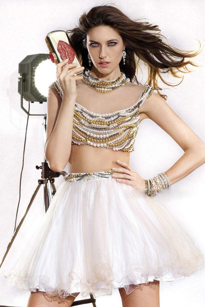 Alyce Paris - Two-Piece Crop Top Sheer Tulle Cocktail Dress with Multi-Colored Pearl Beadwork 2467 In White and Gold