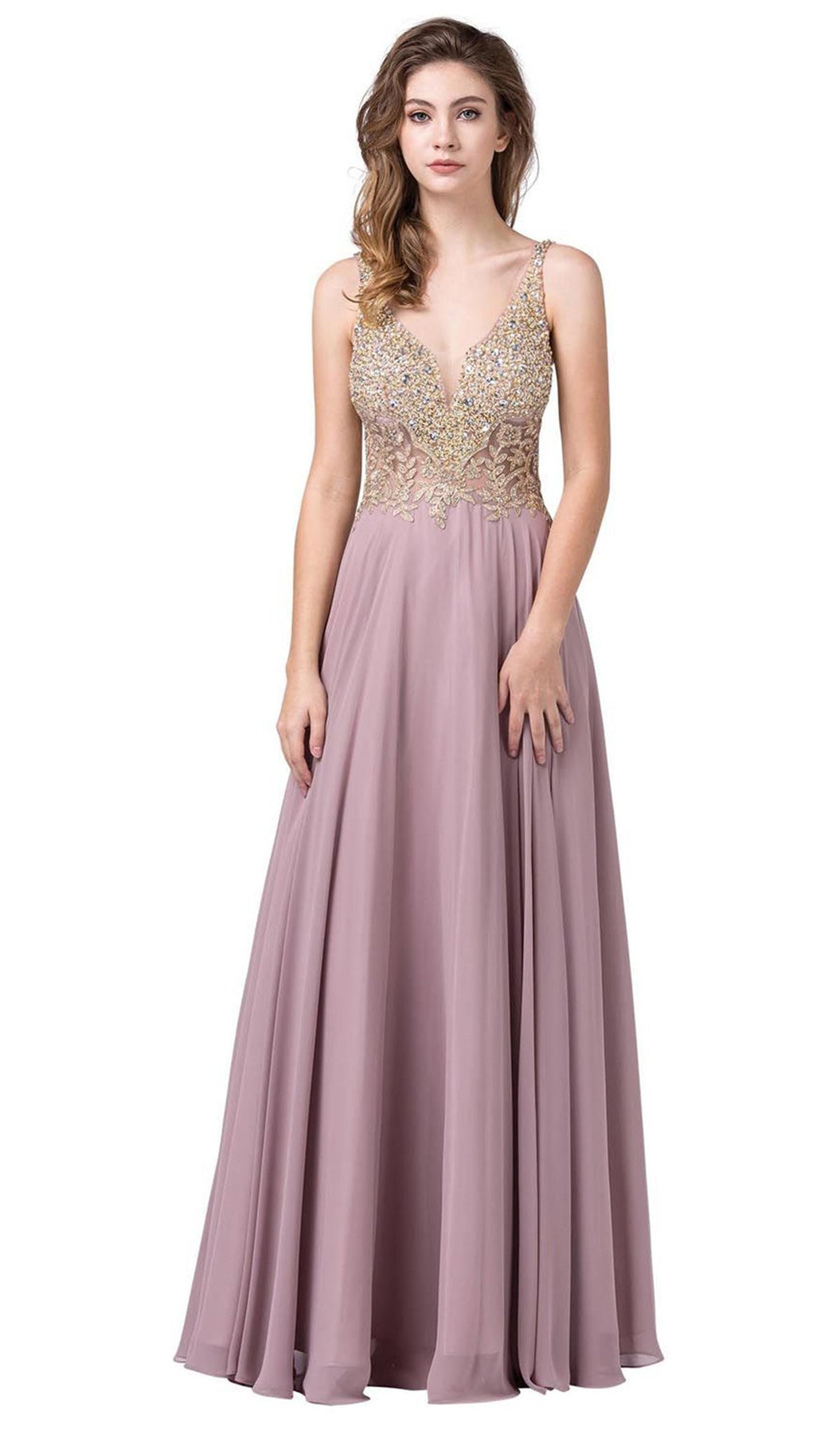 Dancing Queen - 2494 Jewel Encrusted Bodice A-Line Chiffon Gown In Brown