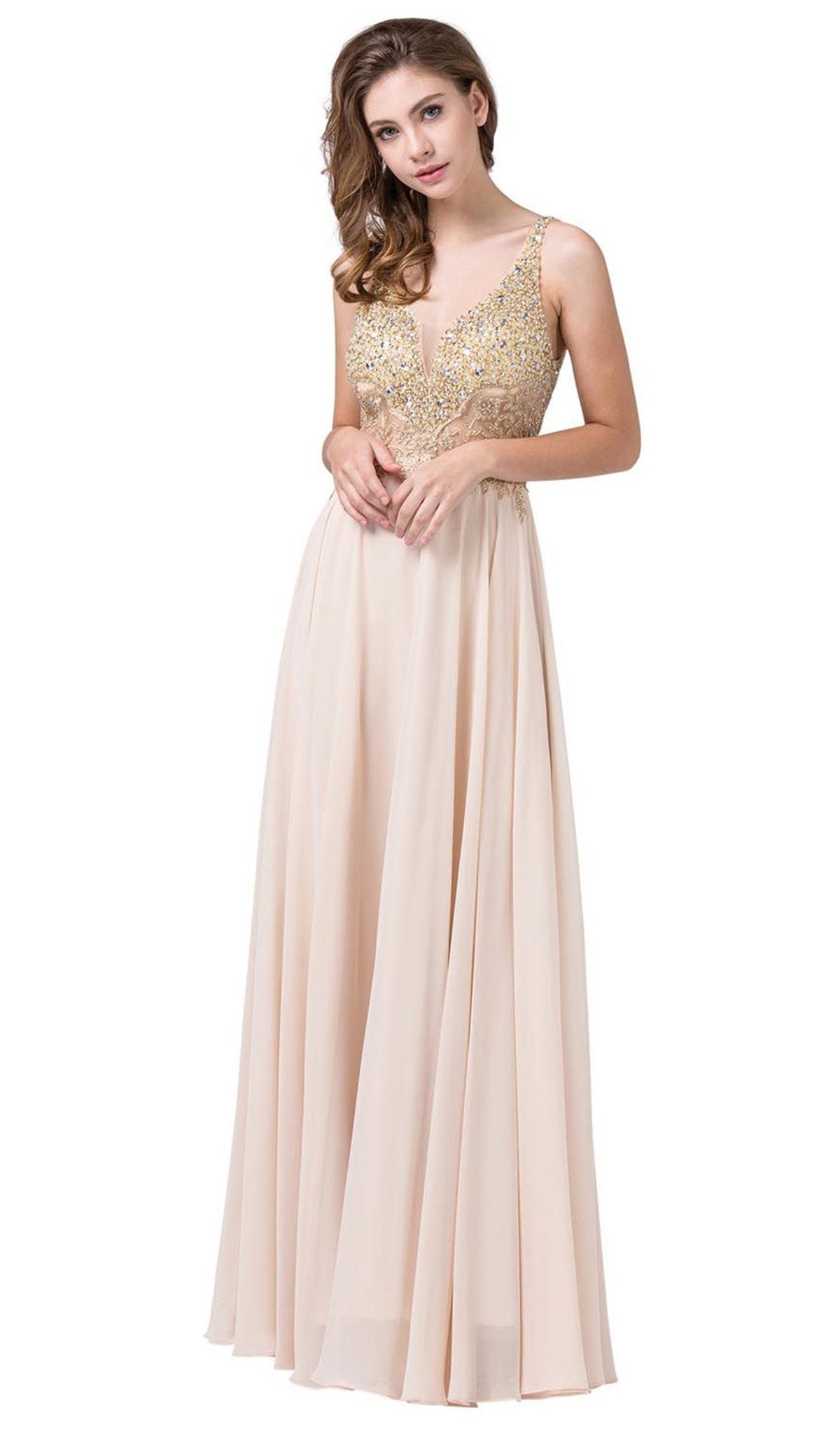 Dancing Queen - 2494 Jewel Encrusted Bodice A-Line Chiffon Gown In Neutral