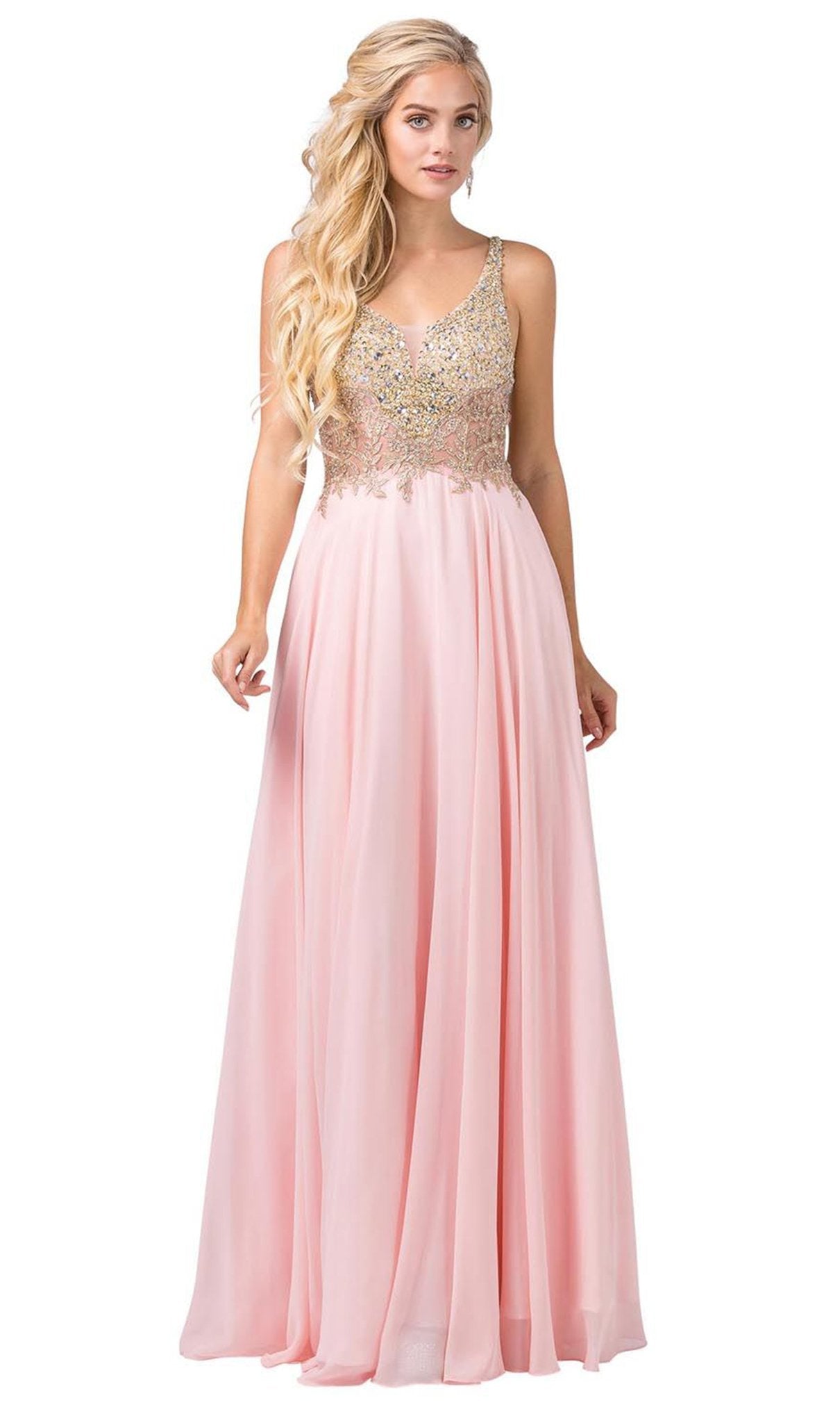 Dancing Queen - 2494 Jewel Encrusted Bodice A-Line Chiffon Gown In Pink