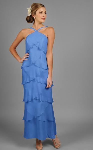 Daymor Couture - Halter Tiered Sheath Long Evening Dress 3451 in Blue