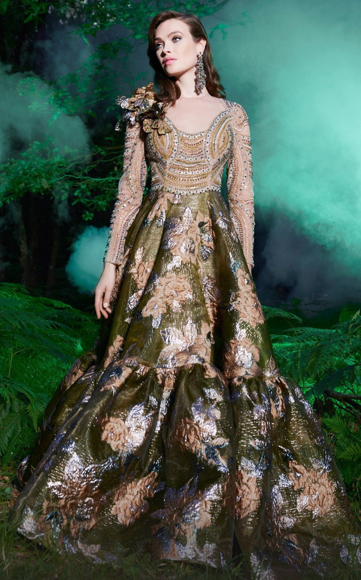 MNM COUTURE - 2498 Floral Applique High Neck A-line Dress In Green