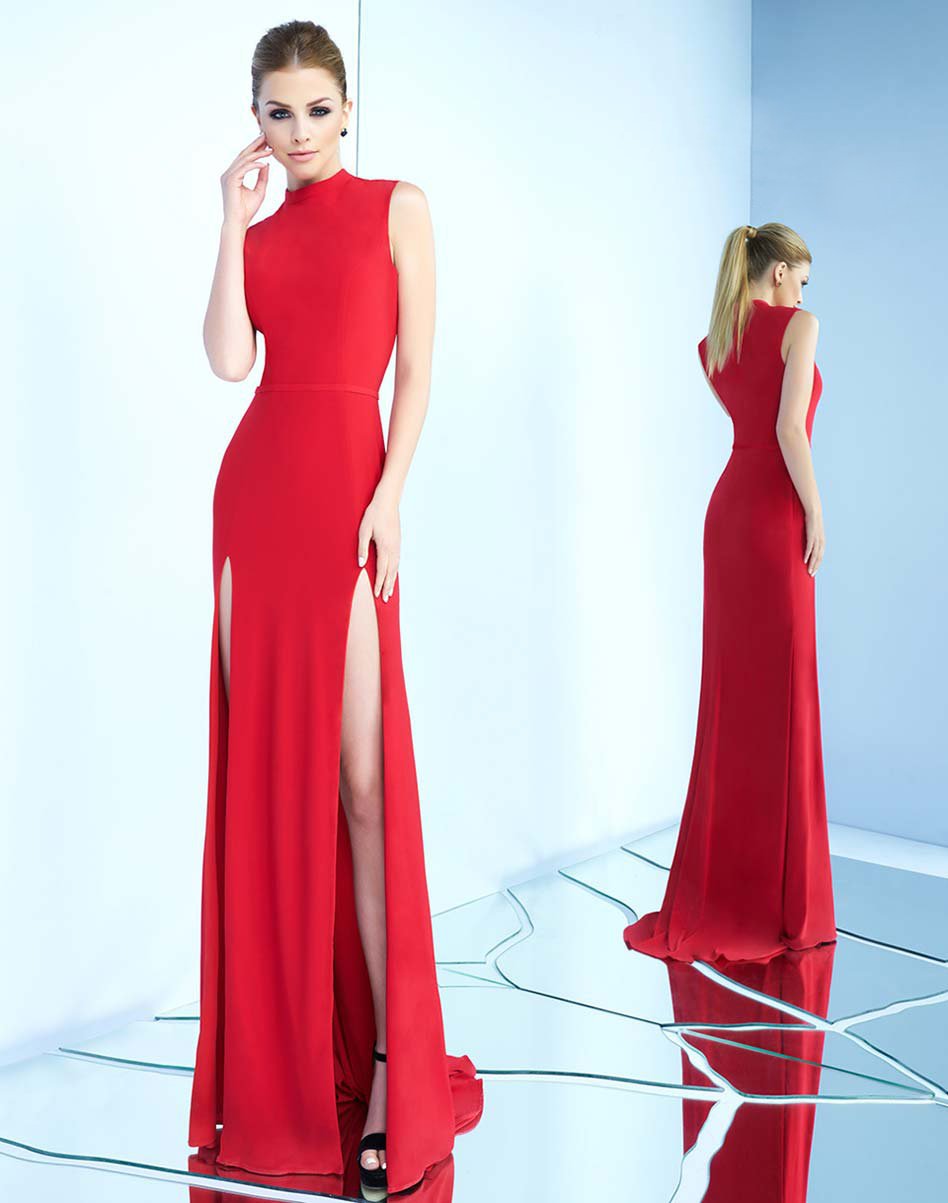Ieena Duggal - 25034I High Neck Dual Slit Sheath Gown Special Occasion Dress 0 / Red