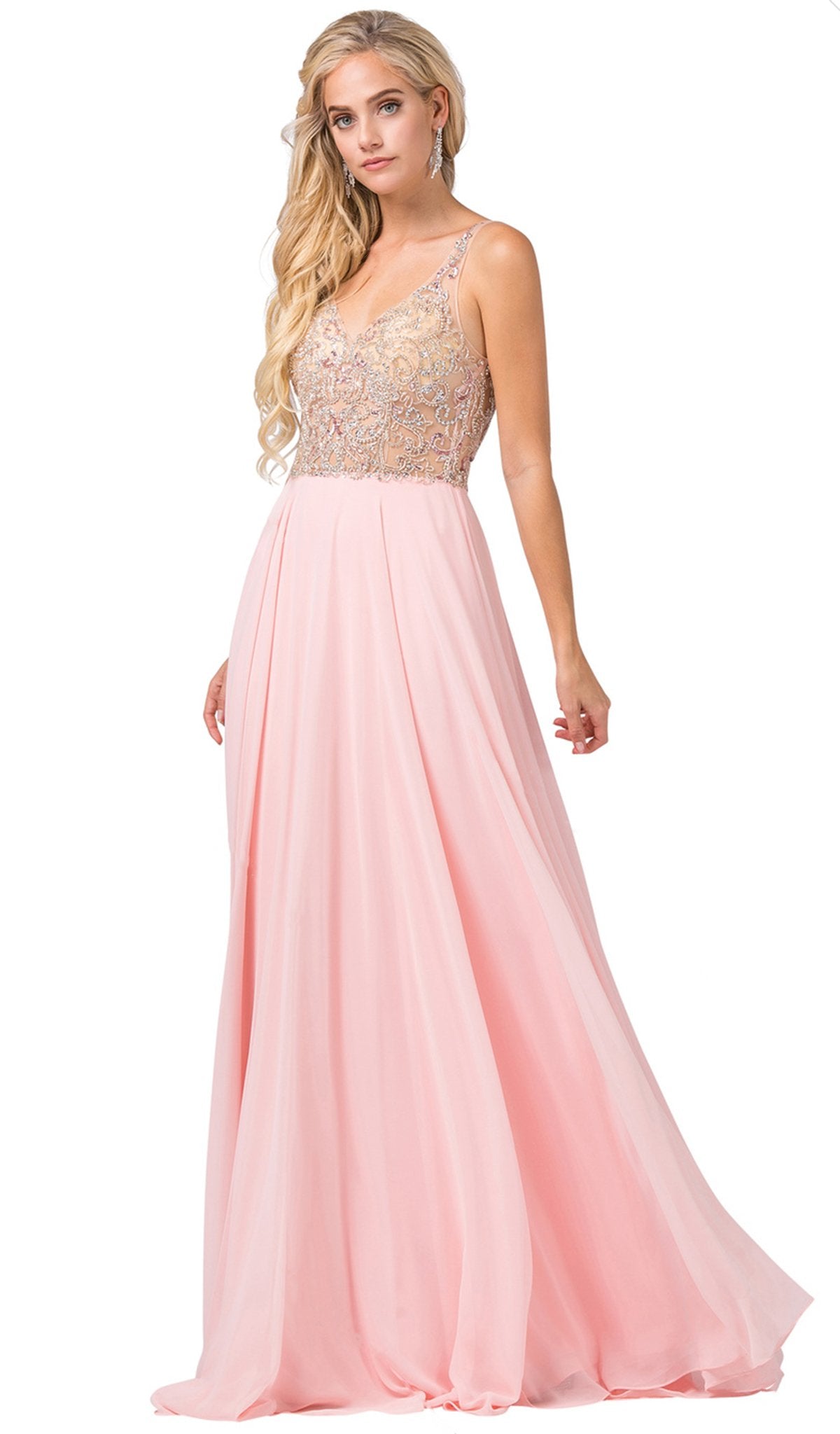 Dancing Queen - 2513 Beaded Embellished Illusion Bodice Chiffon Gown In Pink