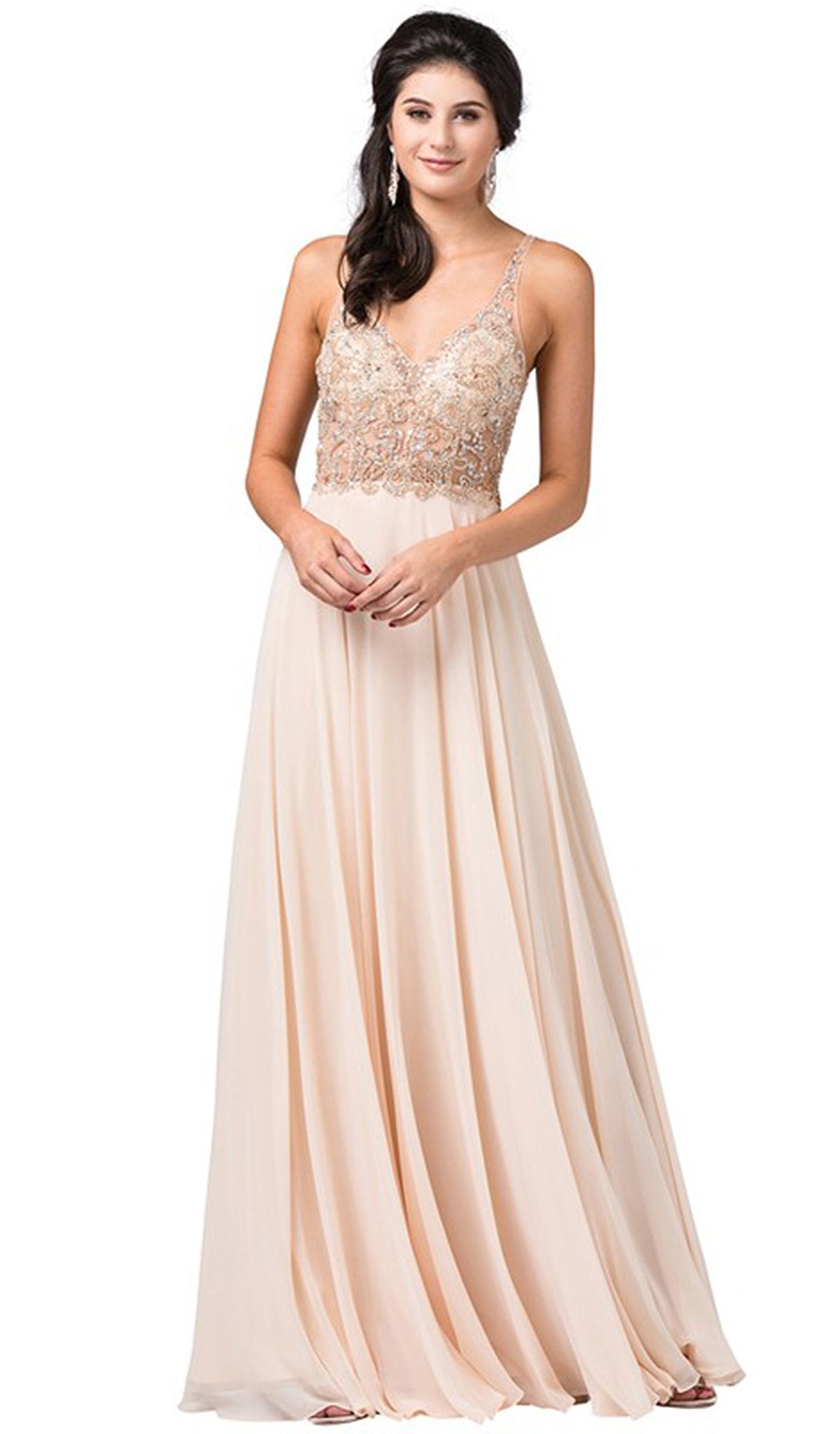 Dancing Queen - 2513 Beaded Embellished Illusion Bodice Chiffon Gown In Neutral