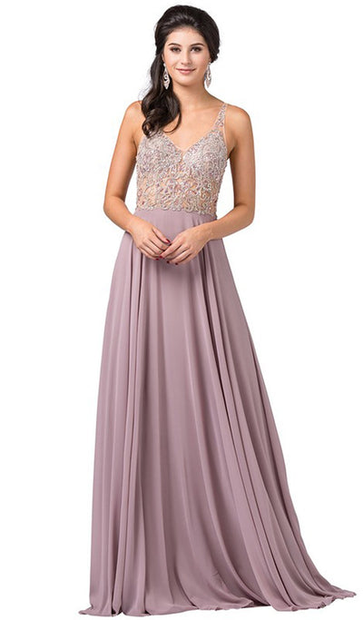 Dancing Queen - 2513 Beaded Embellished Illusion Bodice Chiffon Gown In Brown