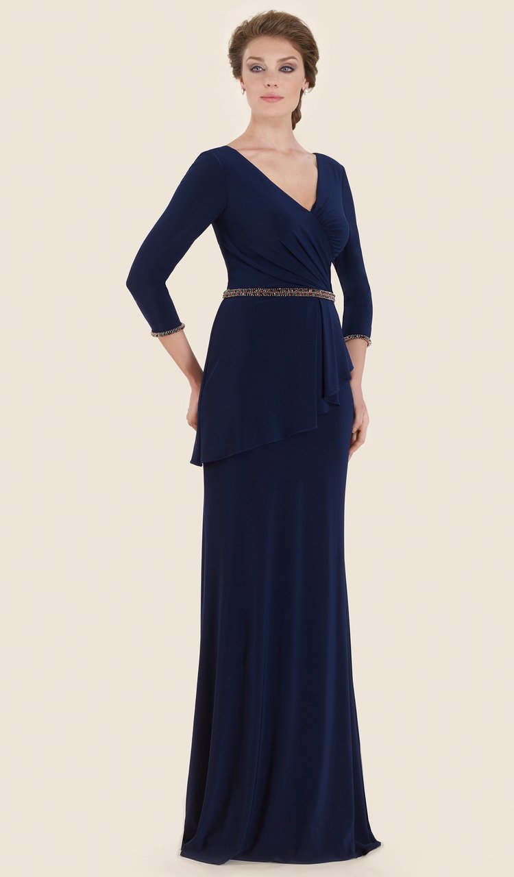 Rina Di Montella - RD2520 Fitted V-Neck Evening Dress with Peplum Special Occasion Dress 4 / Navy