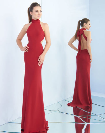 Ieena Duggal - 25403I Ribbon Accented High Halter Gown in Red