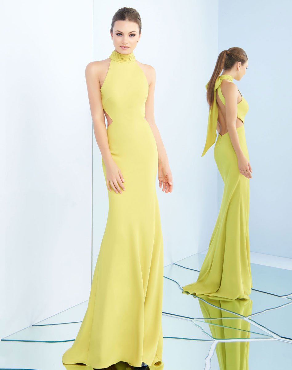 Ieena Duggal - 25403I Ribbon Accented High Halter Gown in Yellow and Green