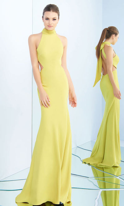 Ieena Duggal - High Halter Dress with Open Back and Bow 25403ISC In Yellow and Green