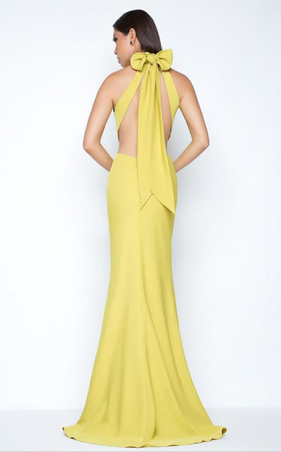 Ieena Duggal - 25403I Ribbon Accented High Halter Gown in Yellow and Green