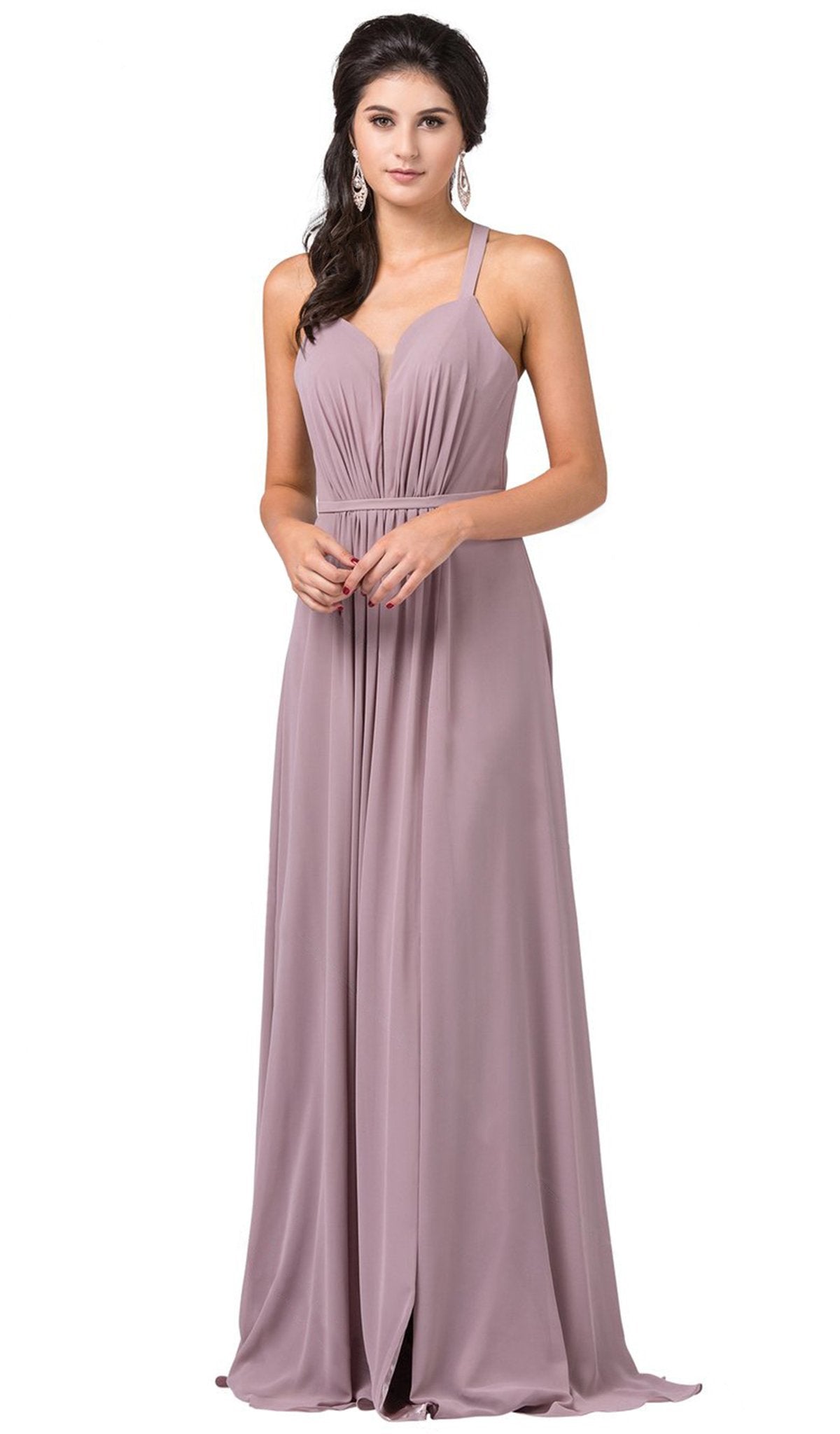 Dancing Queen - 2541 Crisscross Strap Ruched Bodice Chiffon Dress In Brown