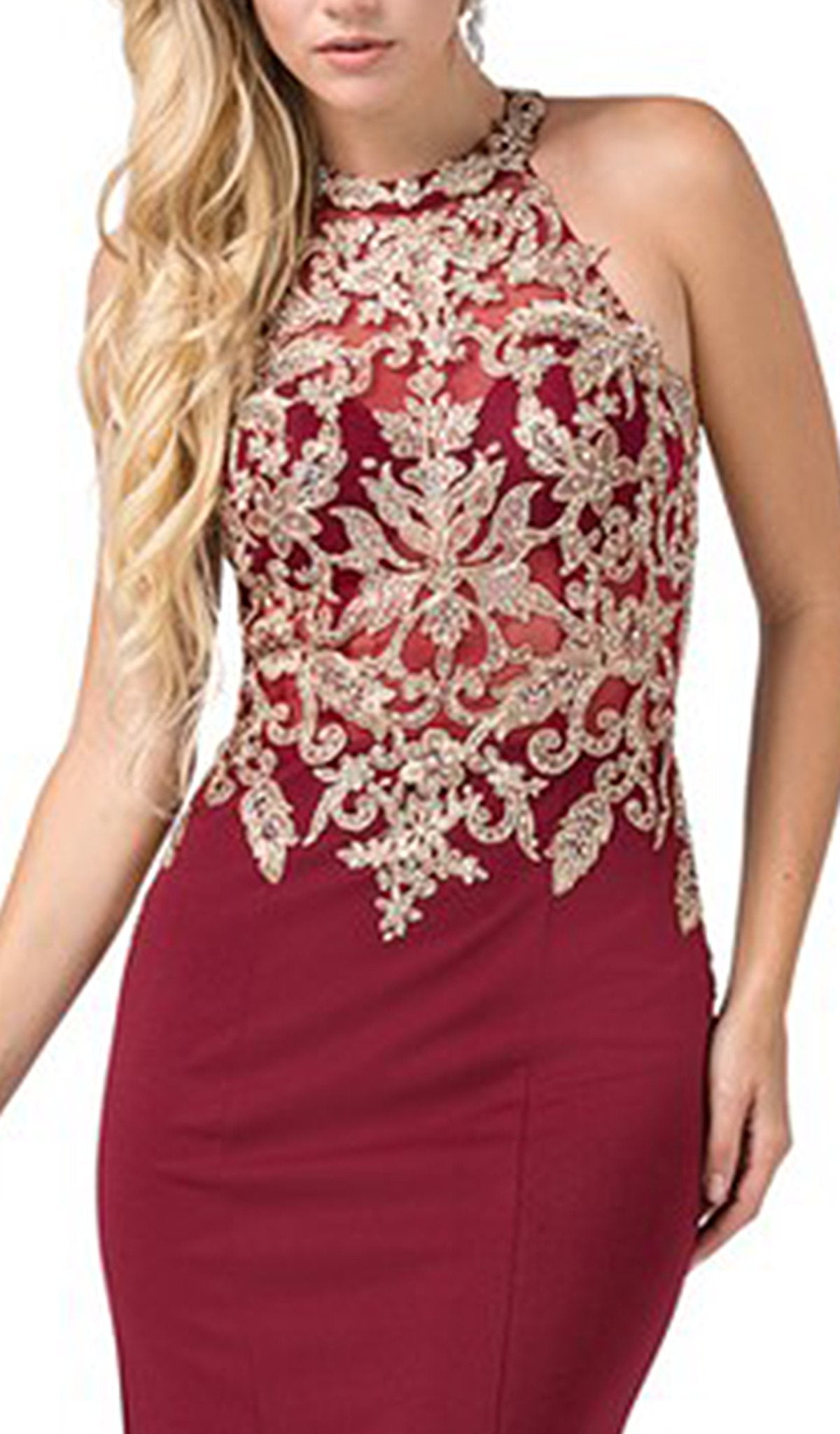 Dancing Queen - 2555 Embroidered Halter Long Trumpet Gown In Red