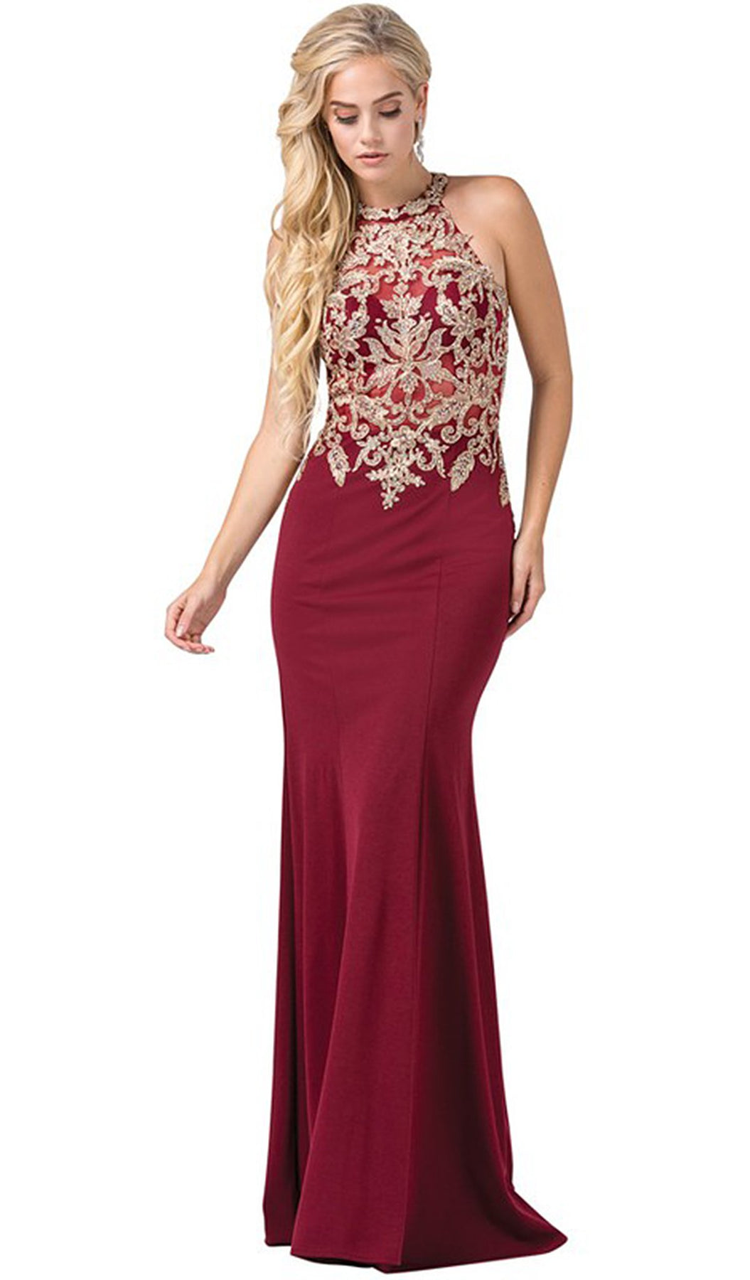 Dancing Queen - 2555 Embroidered Halter Long Trumpet Gown In Red