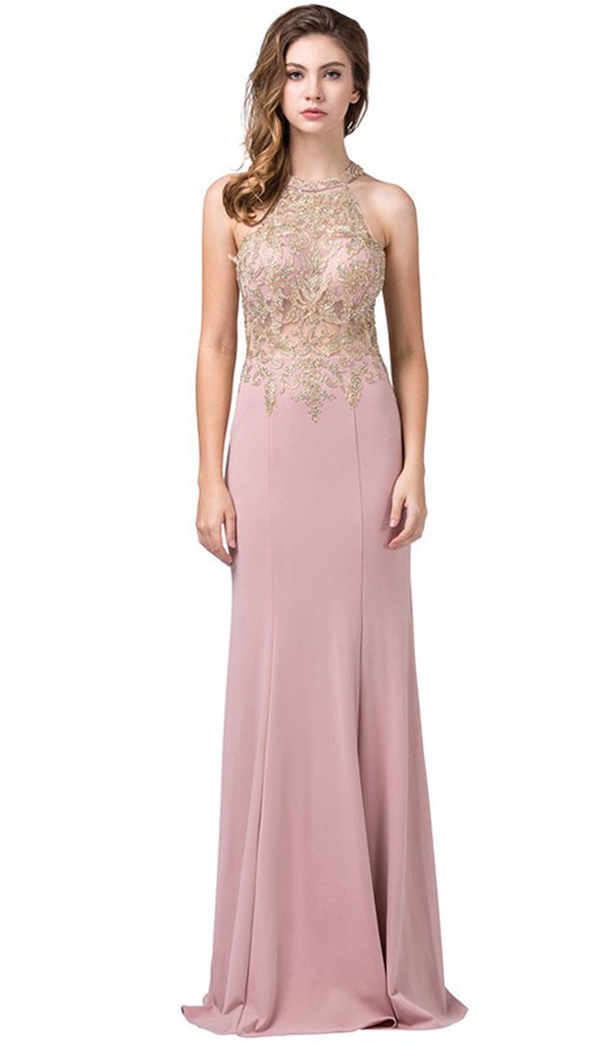 Dancing Queen - 2555 Embroidered Halter Long Trumpet Gown In Pink
