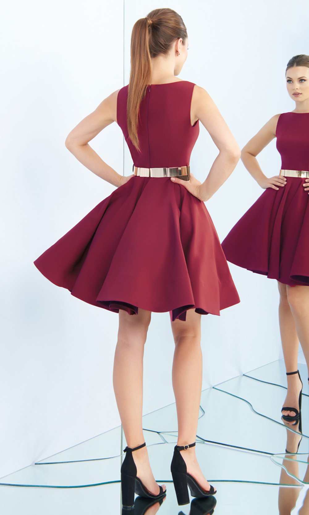 Ieena Duggal - 25607i Sleeveless Metal Belted Dress in Red