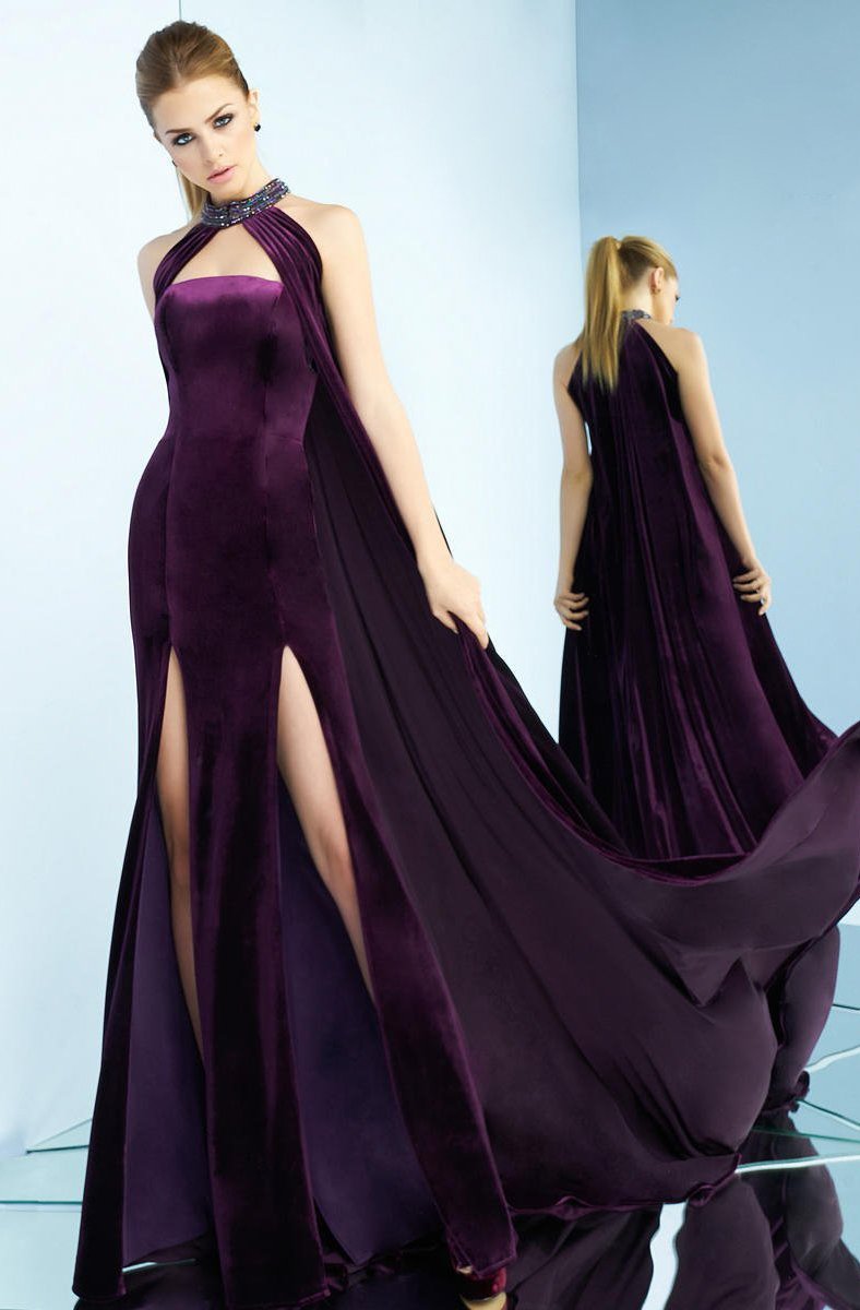 Ieena Duggal - 25646i Strapless Sheath with High Halter Cape in Purple