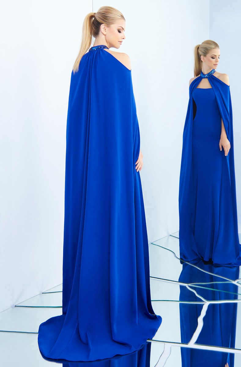 Ieena Duggal - 25647I Embellished Choker Caped Sheath Gown In Blue