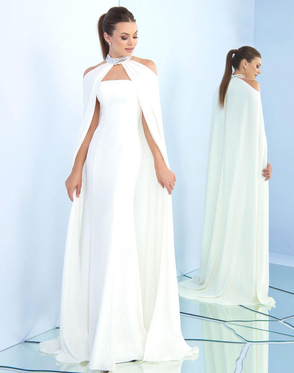 Ieena Duggal - 25647I Embellished Choker Caped Sheath Gown In White