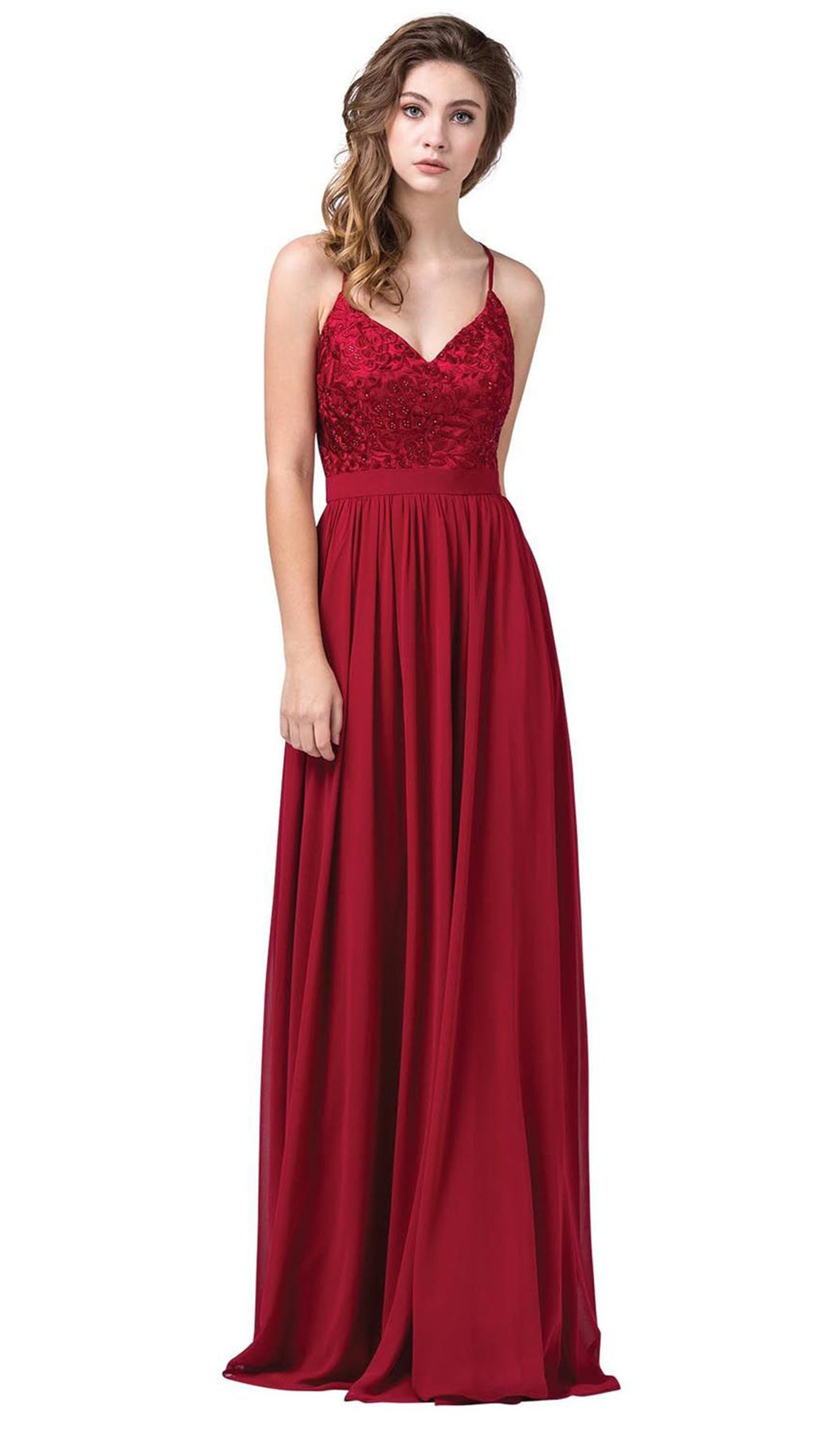 Dancing Queen - 2571 Embroidered V-neck Long A-line Dress In Red