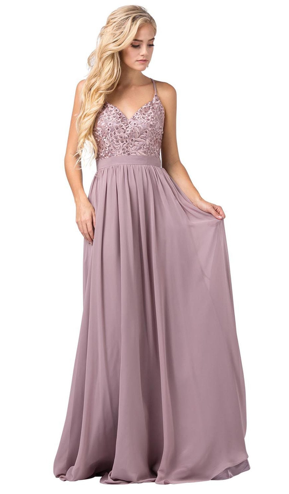 Dancing Queen - 2571 Embroidered V-neck Long A-line Dress In Brown