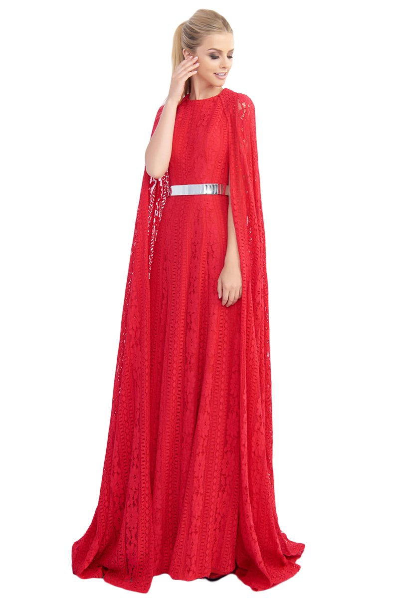 Ieena Duggal - 25740I Lace Cape Belted Dress In Red