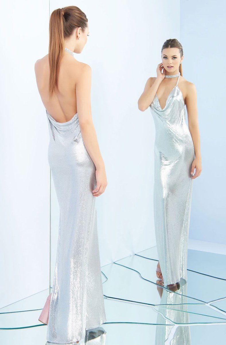 Ieena Duggal - 25751I Plunging High Neck Fitted Dress In Silver