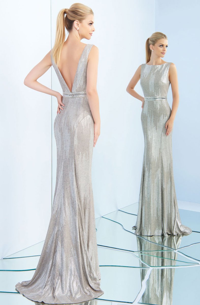 Ieena Duggal - 25845I Ribbed Jersey Fitted Gown In Silver
