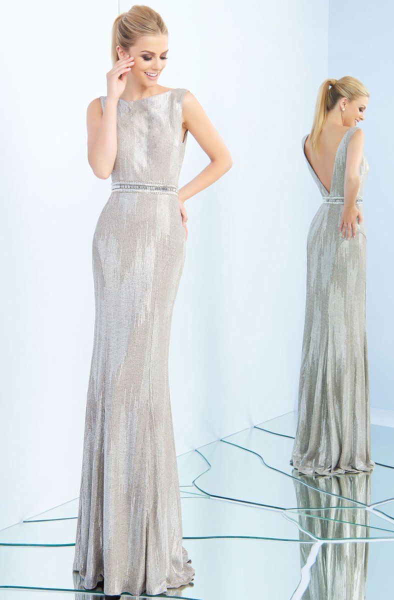 Ieena Duggal - 25845I Ribbed Jersey Fitted Gown In Silver