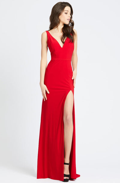 Ieena Duggal - Plunging V-Neck High Slit Sheath Gown 25846I In Red
