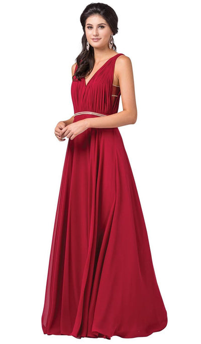 Dancing Queen - 2588 Ruched Bodice A-Line Gown with Rhinestone Belt In Red