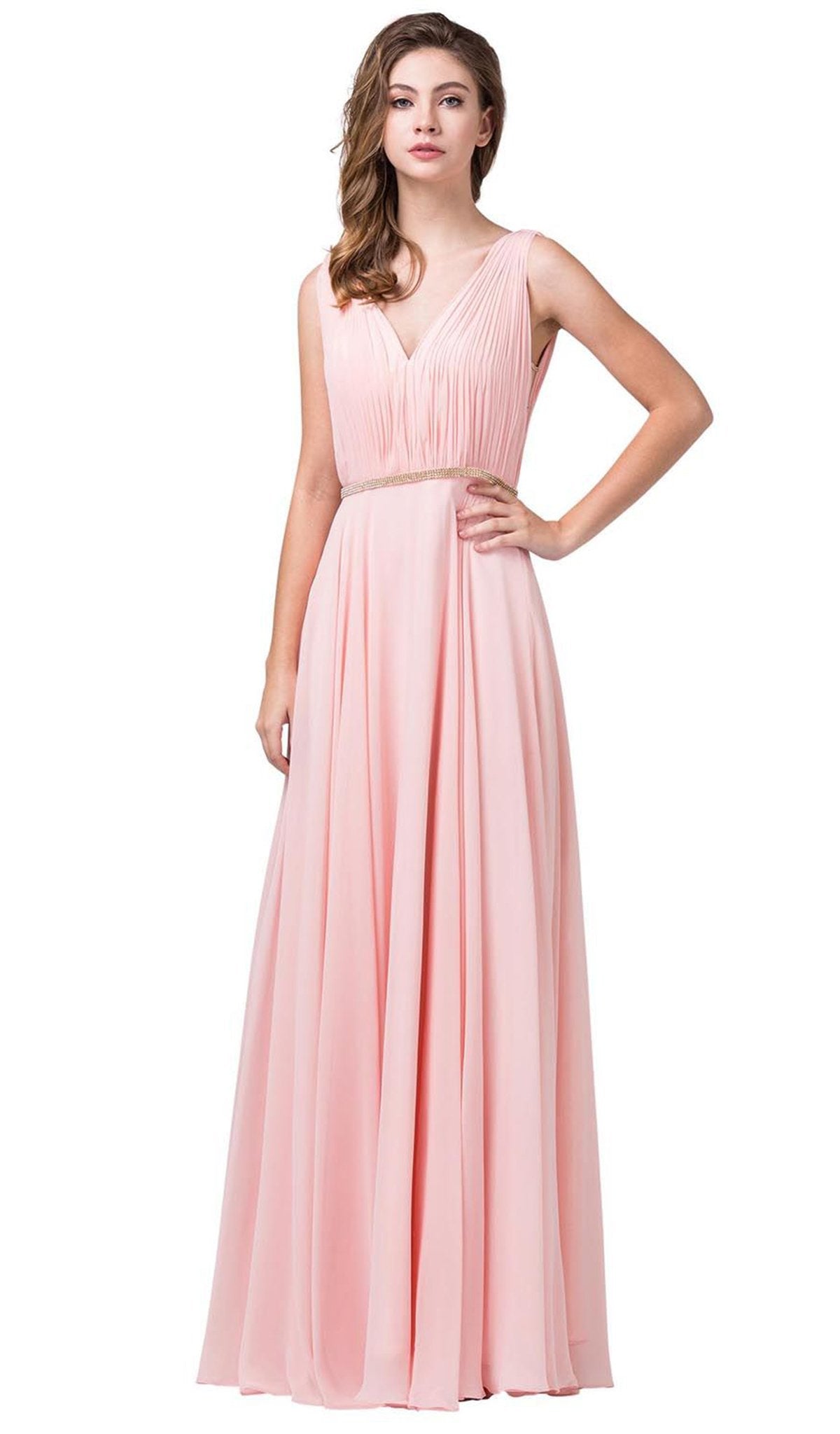 Dancing Queen - 2588 Ruched Bodice A-Line Gown with Rhinestone Belt In Pink