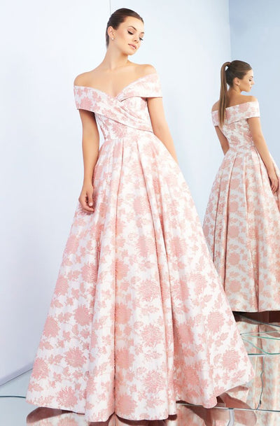 Ieena Duggal - 25918I Off Shoulder Floral Brocade Ballgown In Pink and Floral