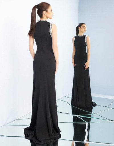 Ieena Duggal - 25933I Pearl Accent Long Black Evening Dress in Black