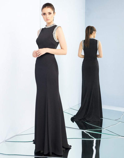 Ieena Duggal - 25933I Pearl Accent Long Black Evening Dress in Black