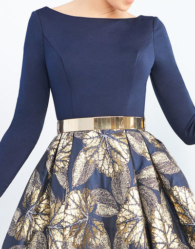 Ieena Duggal - 25950I Golden Leaf Bateau Long Sleeves Ballgown in Blue and Gold
